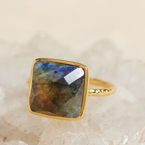 NWT - Gold and Faceted Square Labradorite Ring - Size 8